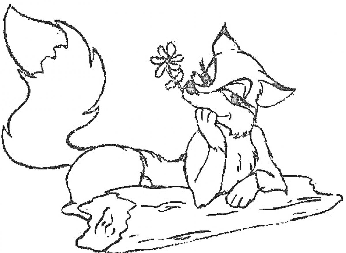Раскраска Лиса с цветком, лежащая на бревне