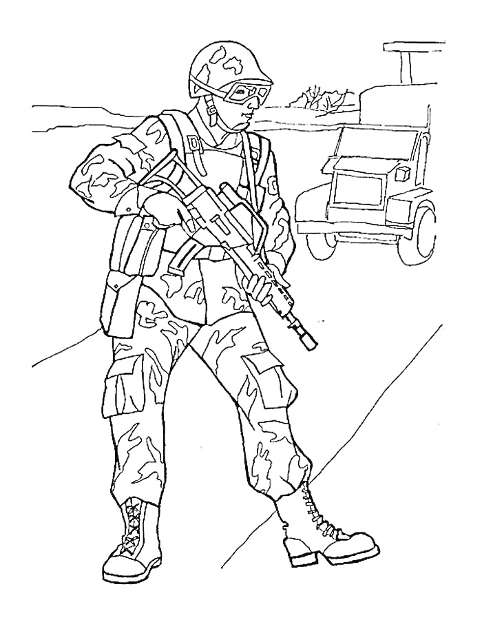 Раскраска Солдат с автоматом на фоне военного автомобиля