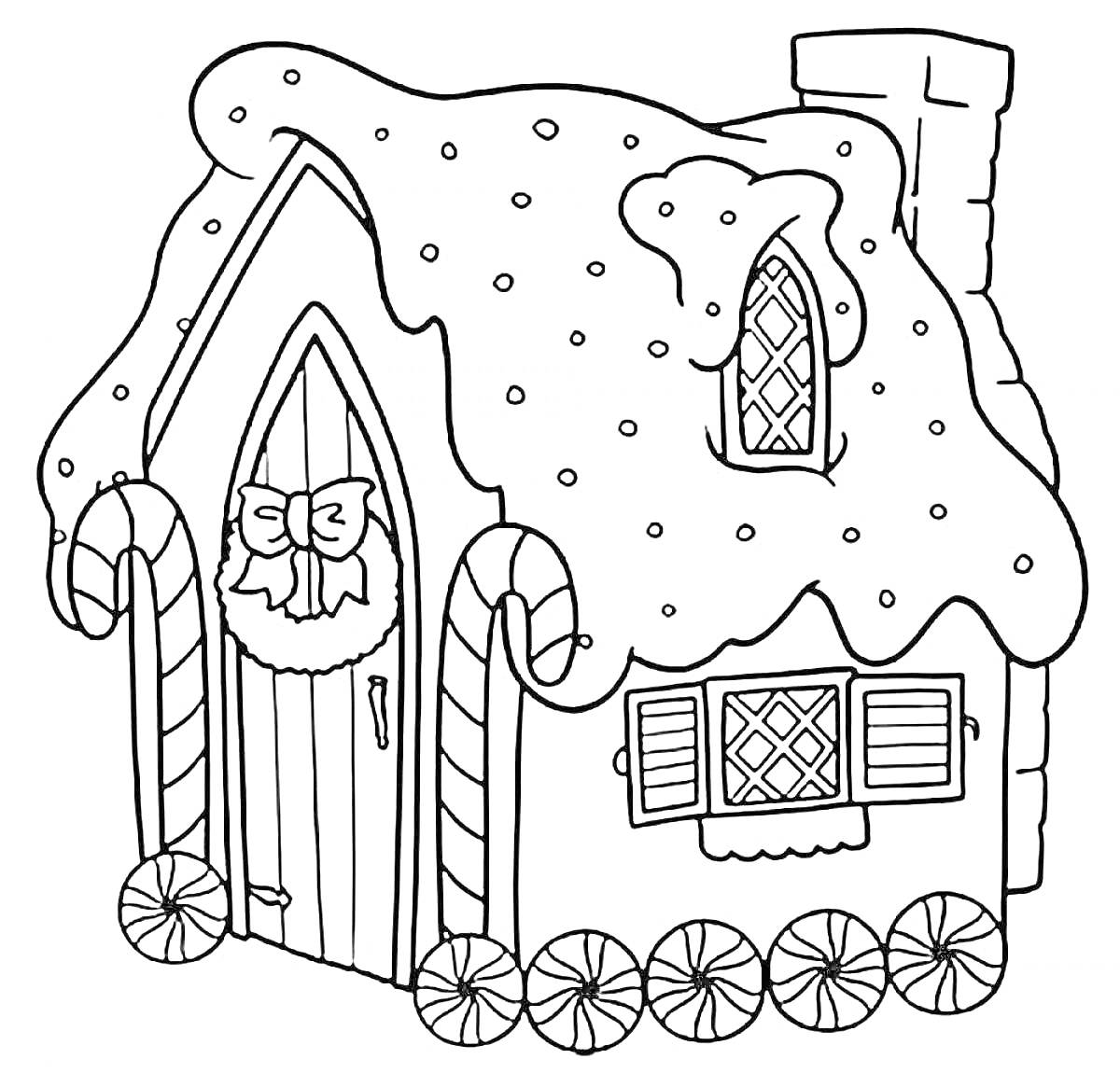 На раскраске изображено: Пряничный домик, Леденцы, Конфеты, Окна, Дверь, Венок, Зима, Зимняя сказка, Сладости