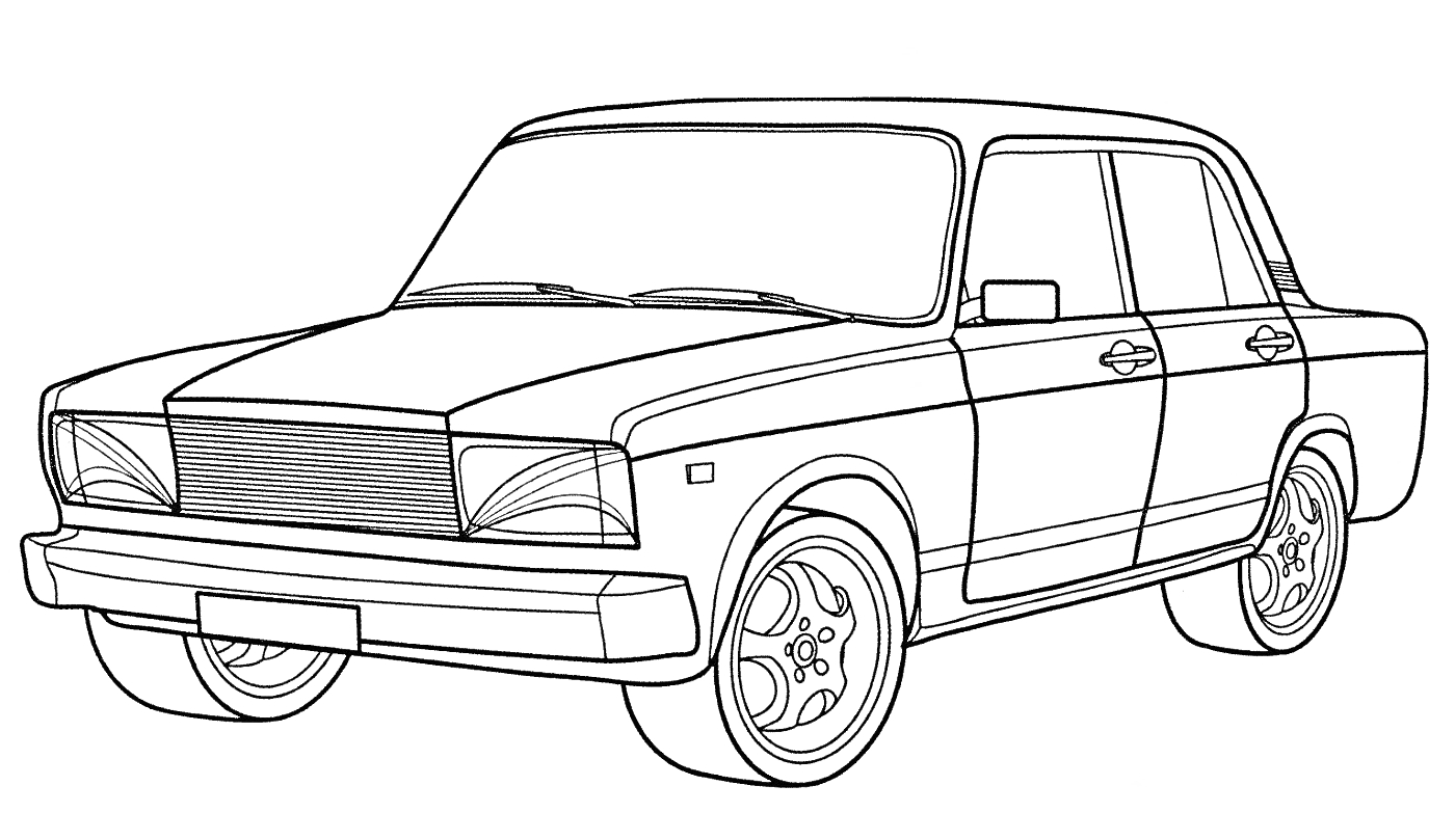 Раскраска автомобиля Жигули с четырьмя дверями, дисковыми колёсами и деталями передней части кузова.