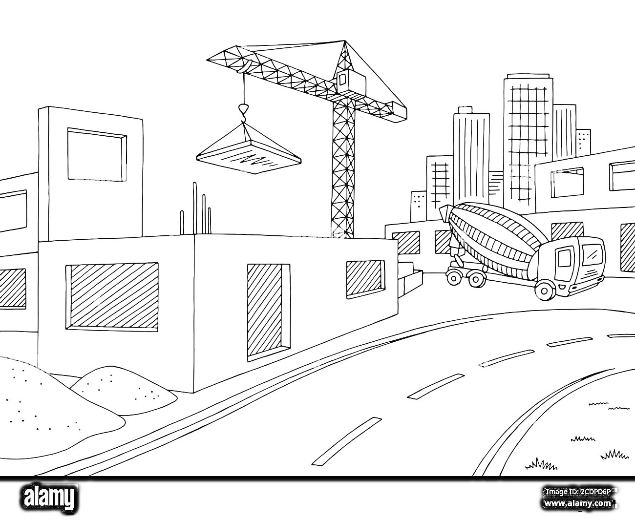 На раскраске изображено: Кран, Бетономешалка, Строительная техника, Строительство, Здания, Городской пейзаж