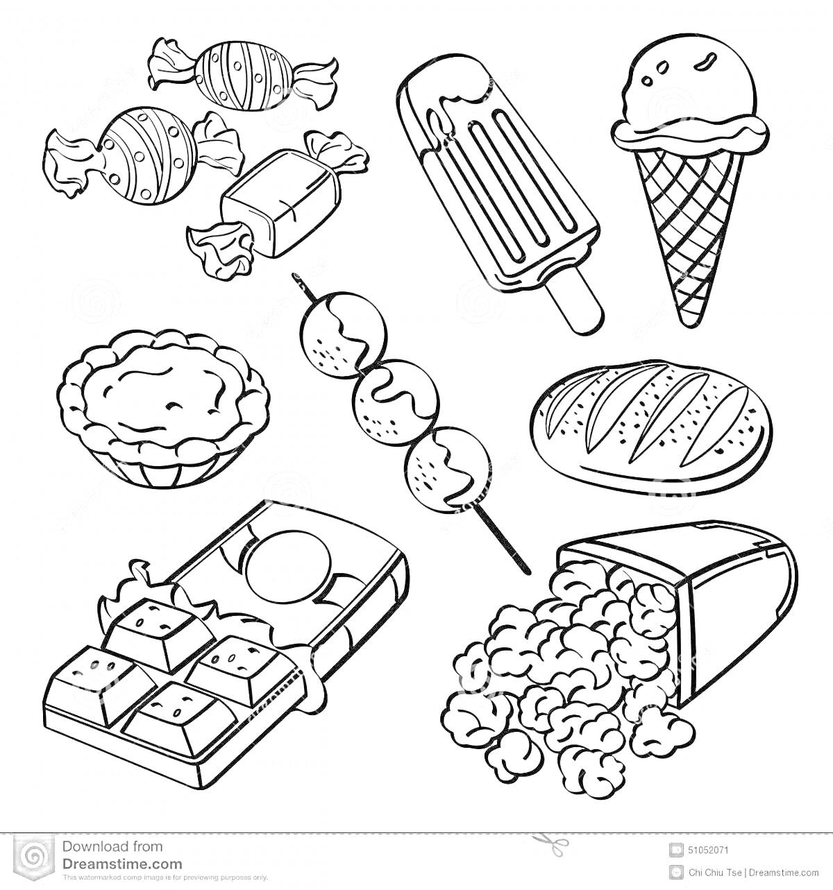 На раскраске изображено: Сладости, Мороженое, Пирог, Шашлык, Хлеб, Шоколад, Попкорн, Детское питание