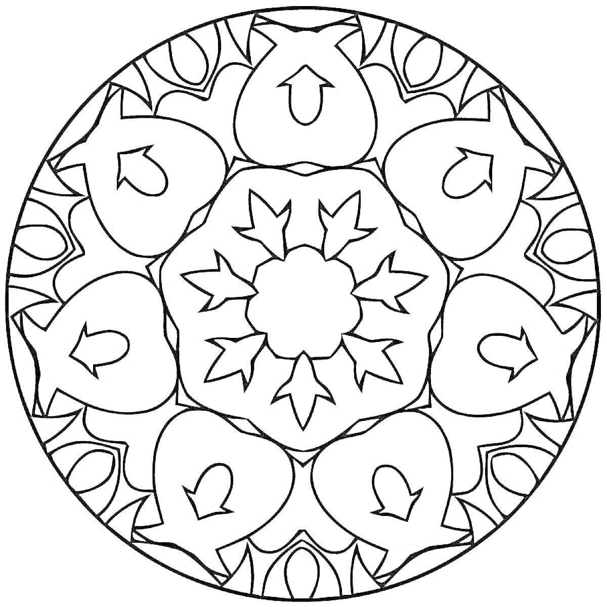 На раскраске изображено: Татарский орнамент, Цветочный узор, Тюльпаны, Медальон