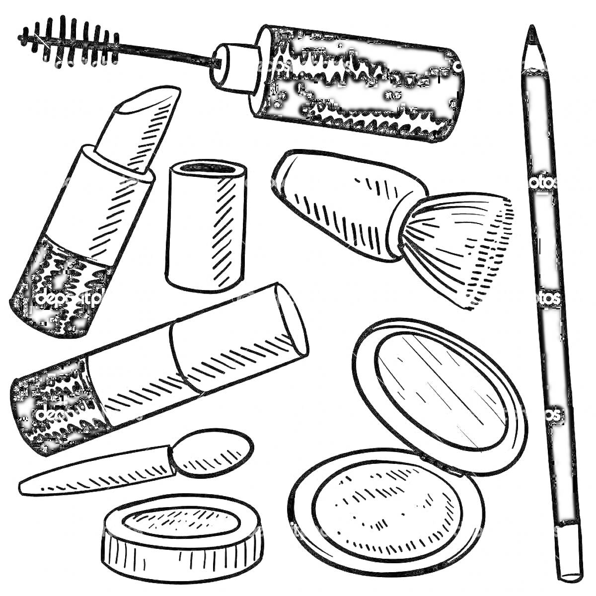 На раскраске изображено: Макияж, Тушь для ресниц, Помада, Тени для глаз, Контейнер, Косметика