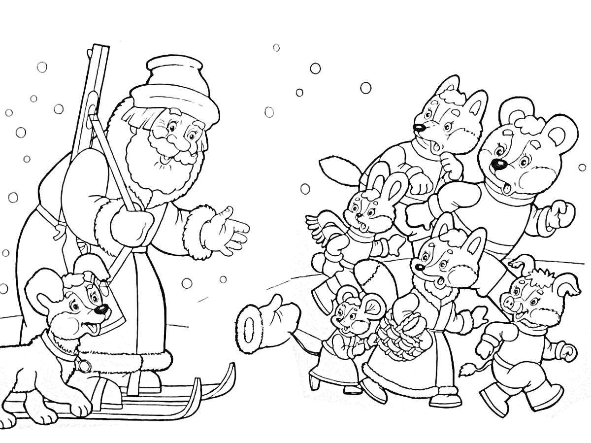 Раскраска Дед Мороз на санках с собакой и лесные звери у рукавички (медведь, волк, лиса, заяц, мышка, ёжик)