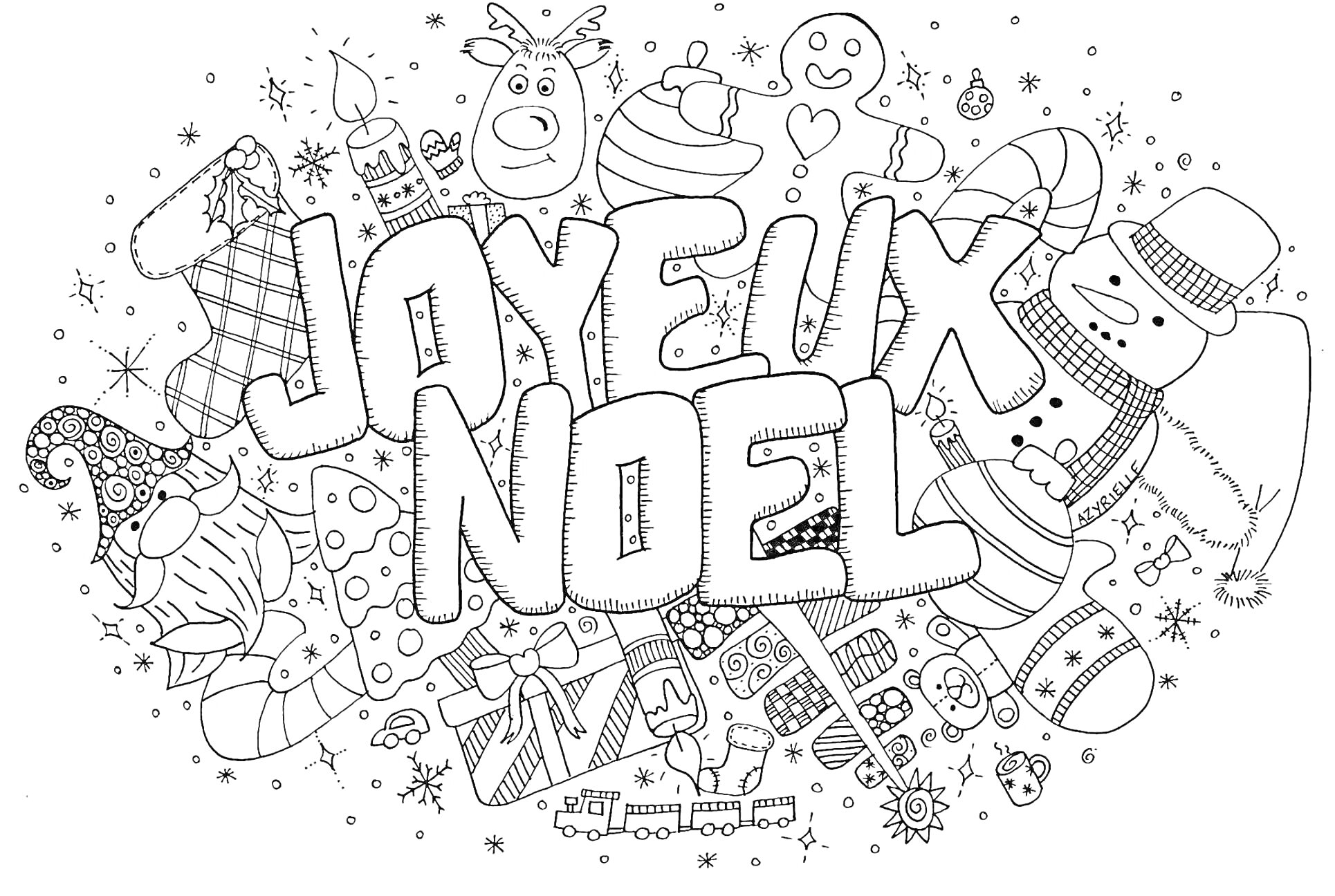 Раскраска JOYEUX NOEL, конфеты, пряничный человечек, снежинки, елка, снеговик, звезды, подарки, рождественский носок, варежки, шарик, гирлянда, елочные игрушки