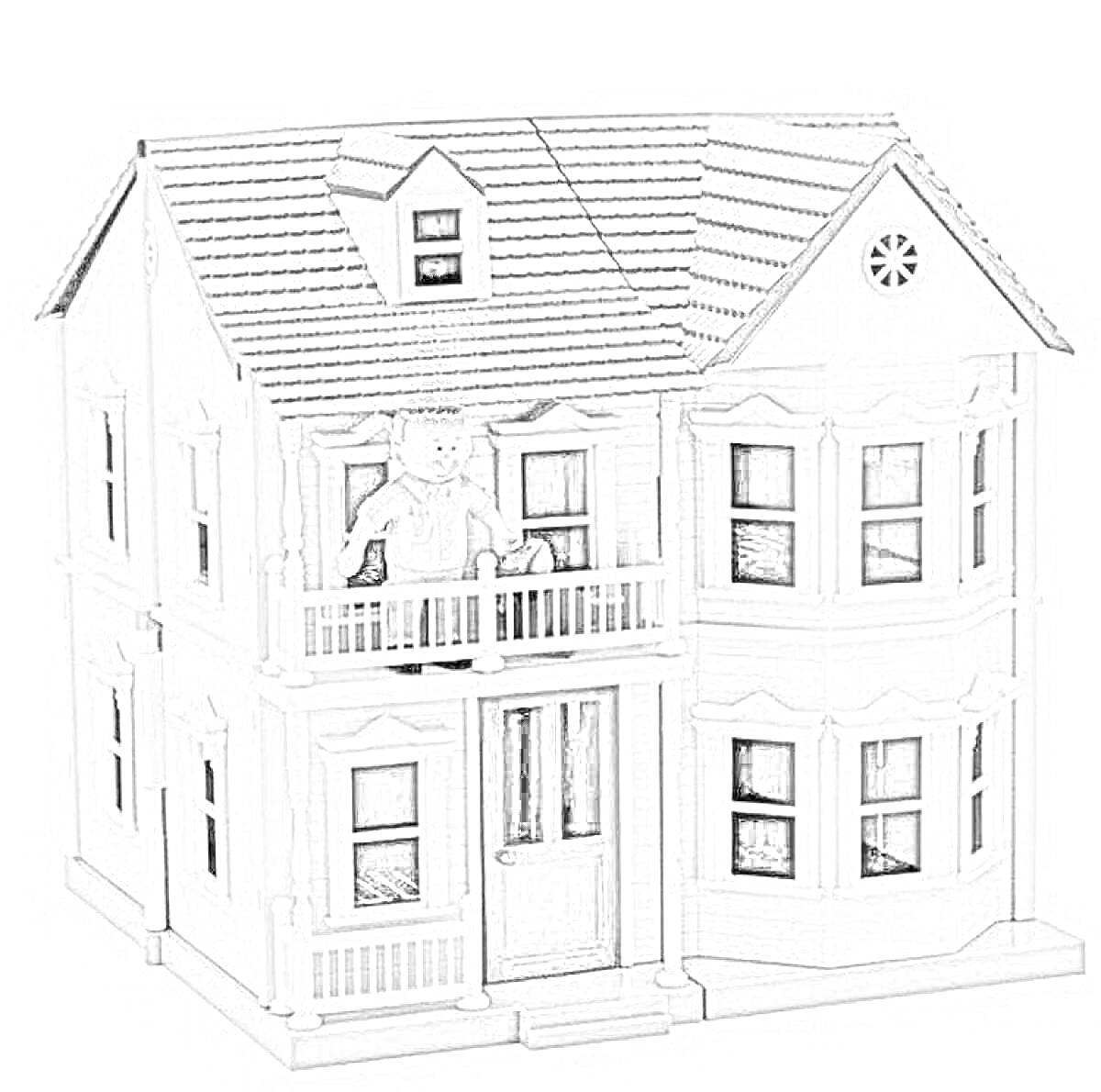 На раскраске изображено: Дом, Балкон, Крыша, Окна, Дверь, Фасад, Двухэтажный дом, Игрушки, Фигуры