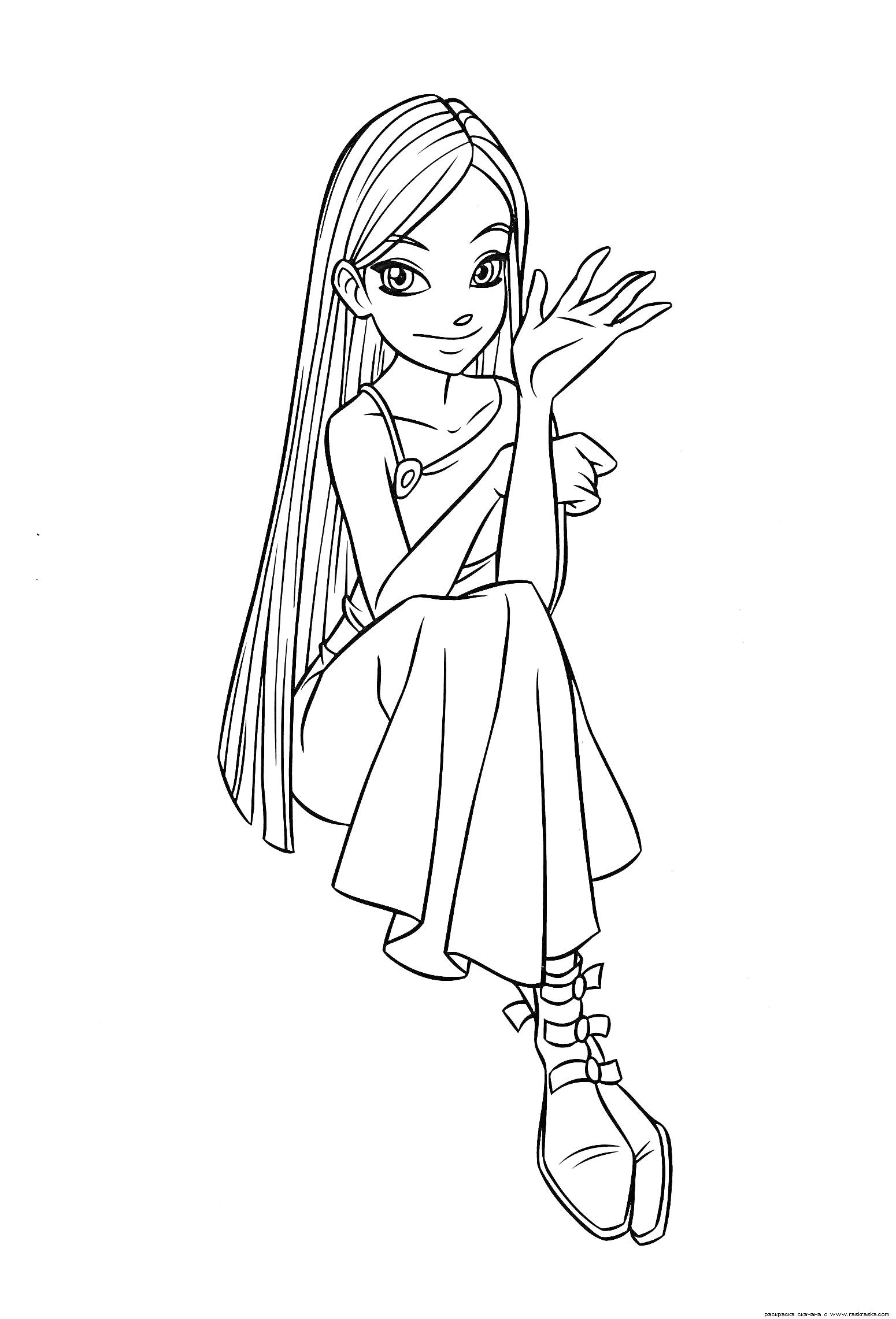 Раскраска Девушка-чародейка с длинными волосами и в длинном платье, сидящая и показывающая жестикулирующую руку