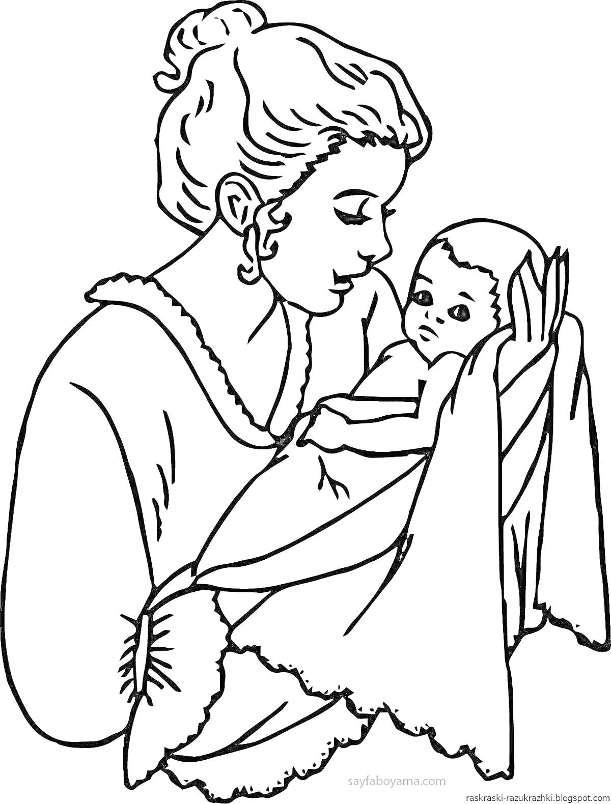 На раскраске изображено: Мама, Младенец, Одеяло, Любовь, Забота, Семейная сцена, Объятия