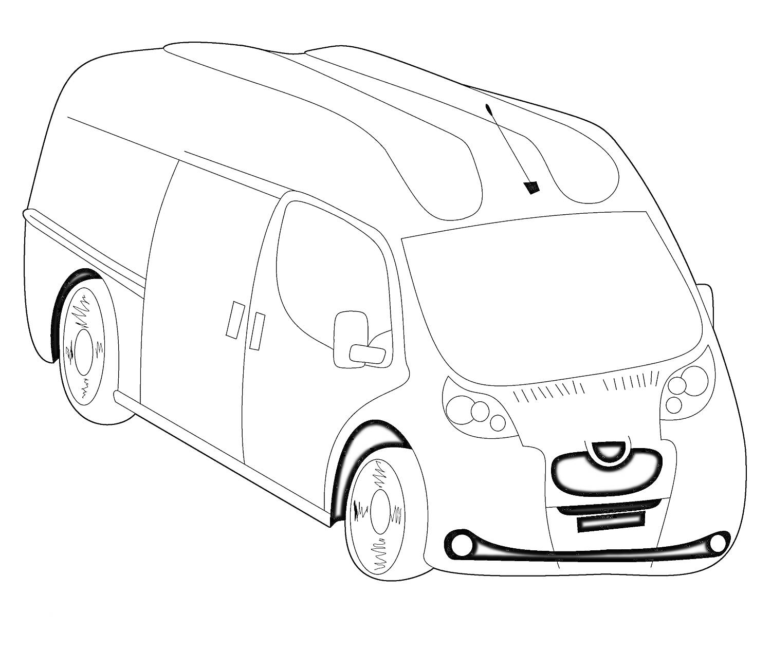 Раскраска Фургон с окнами и зеркалами, вид сбоку и спереди
