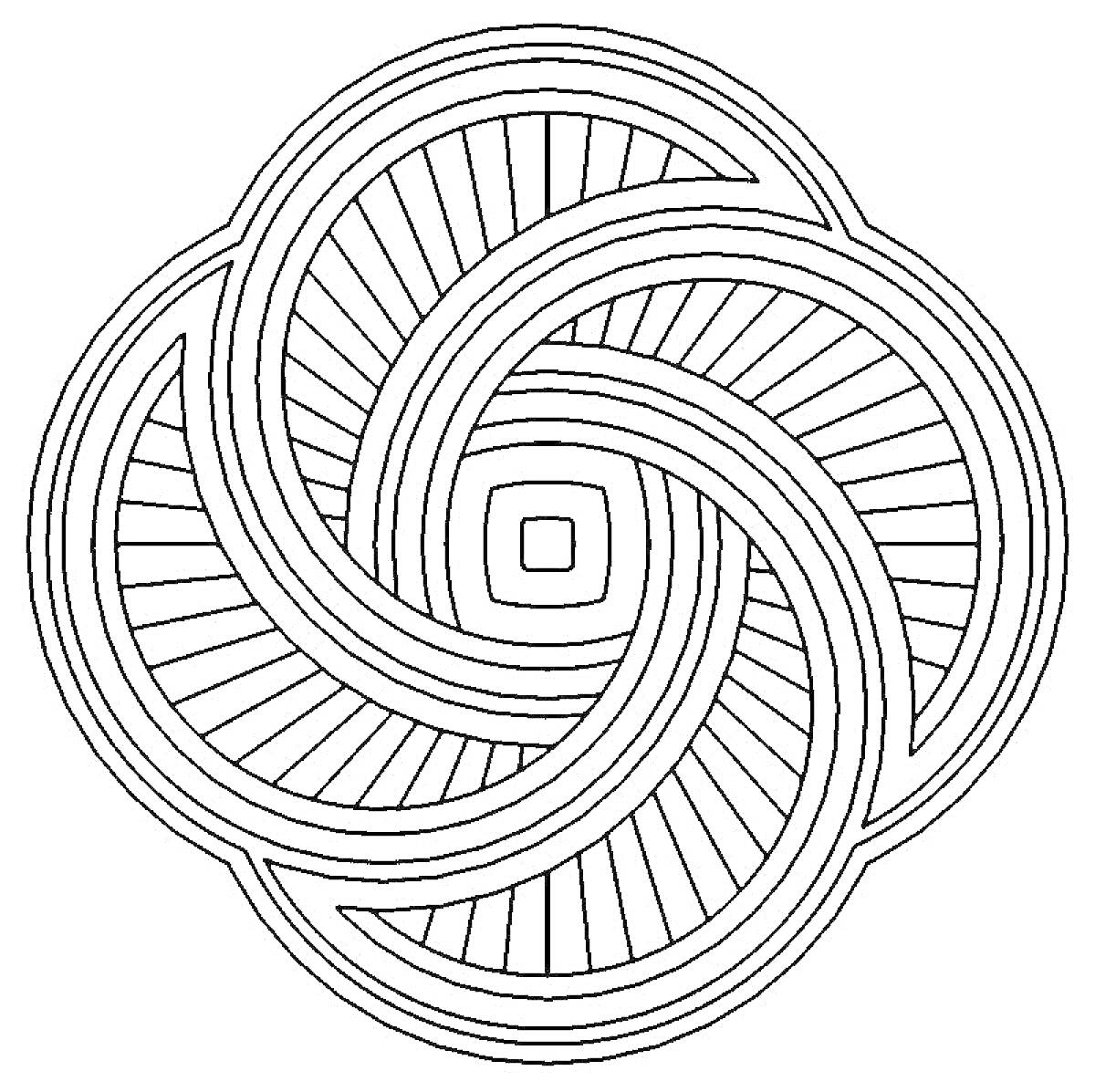 Раскраска Спиральный узор с пересекающимися линиями и квадратом в центре.