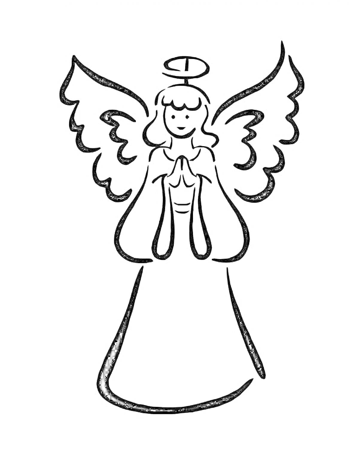На раскраске изображено: Ангел, Нимб, Крылья, Молитва, Небесное существо, Контурные рисунки