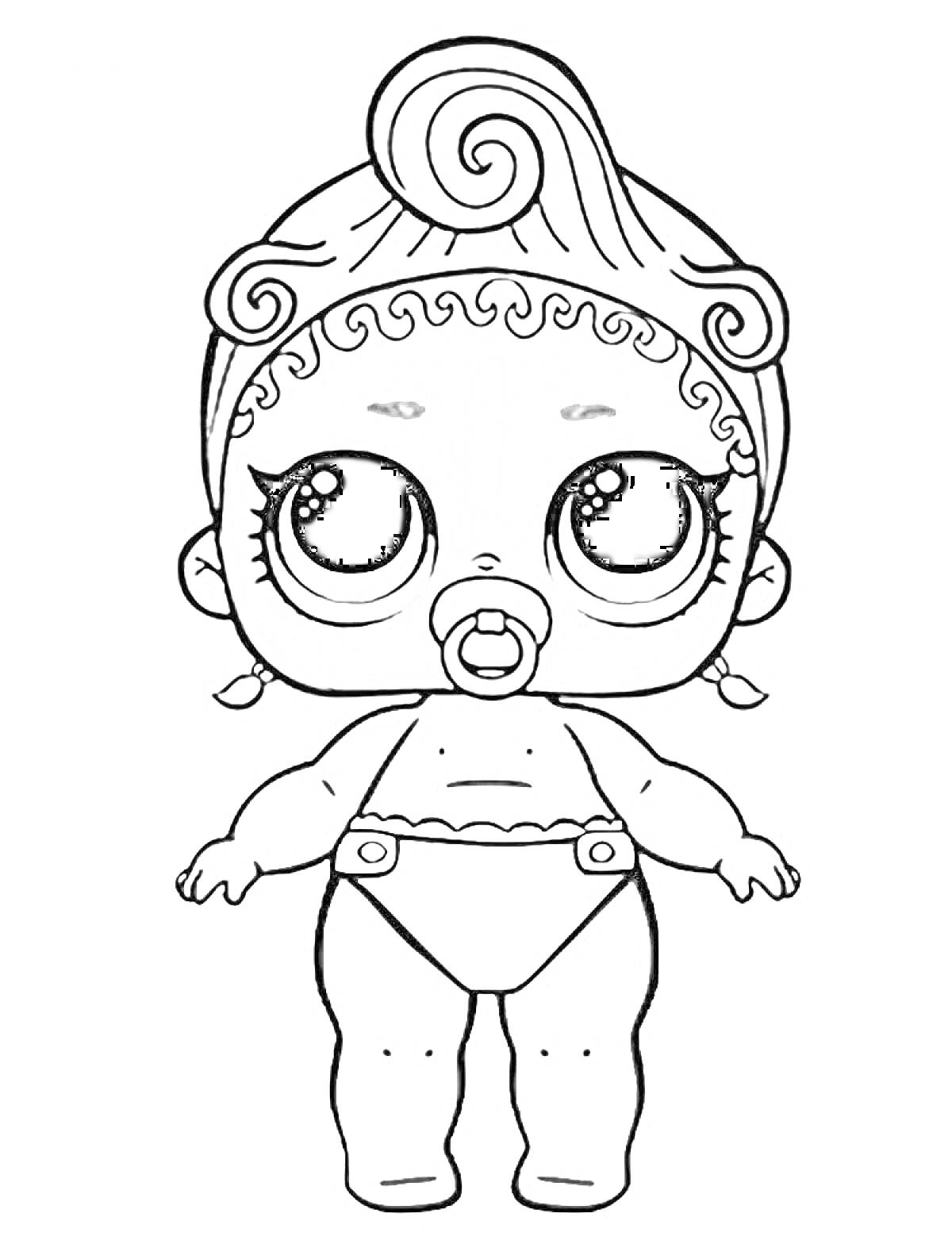 Раскраска Кукла Лол сестричка с пустышкой, в подгузнике, с большими глазами и завитками волос