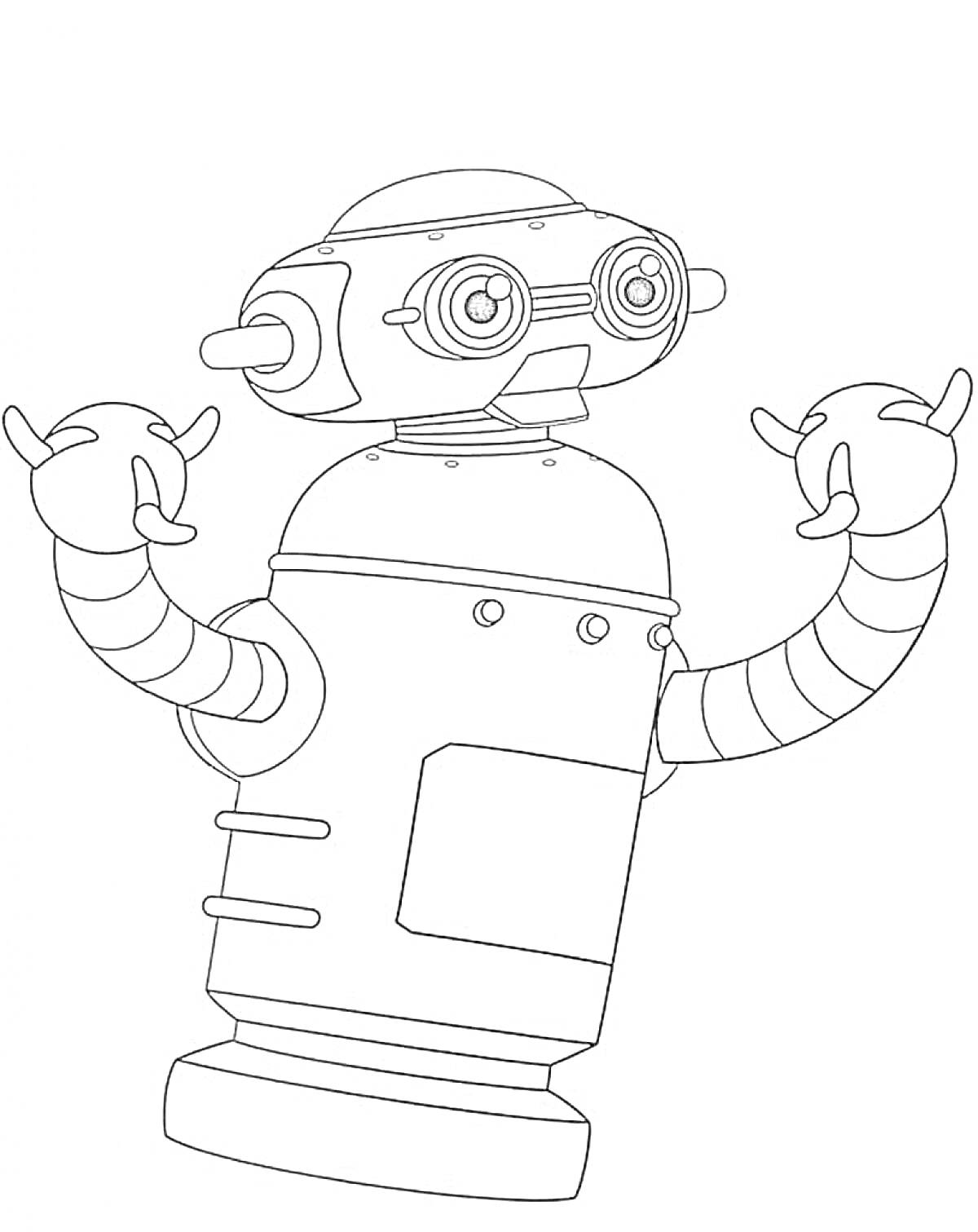На раскраске изображено: Робот, Большие глаза, Поднятые руки, Веселье