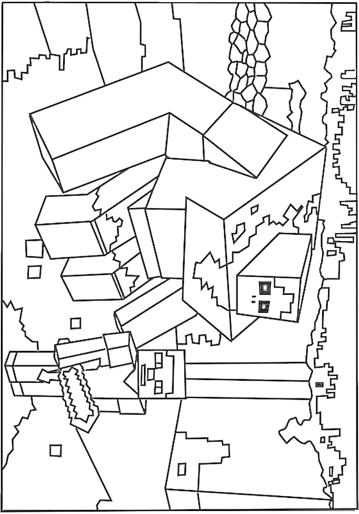 На раскраске изображено: Майнкрафт, Деревня, Житель, Железный голем, Меч, Здания, Каменная стена, Растительность