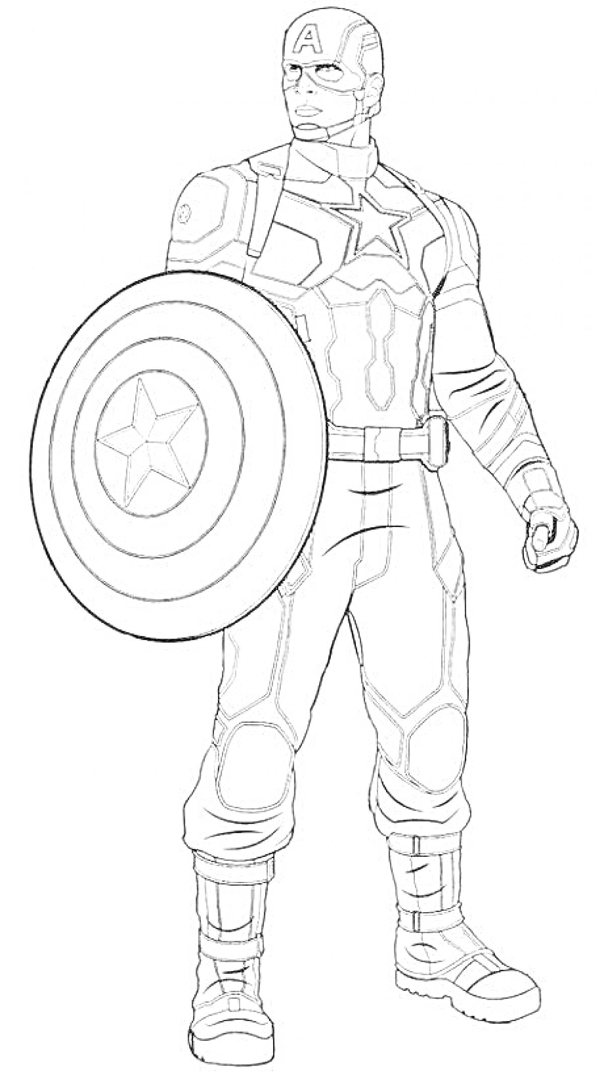Раскраска Капитан Америка с поднятым щитом, в полной экипировке с символом звезды