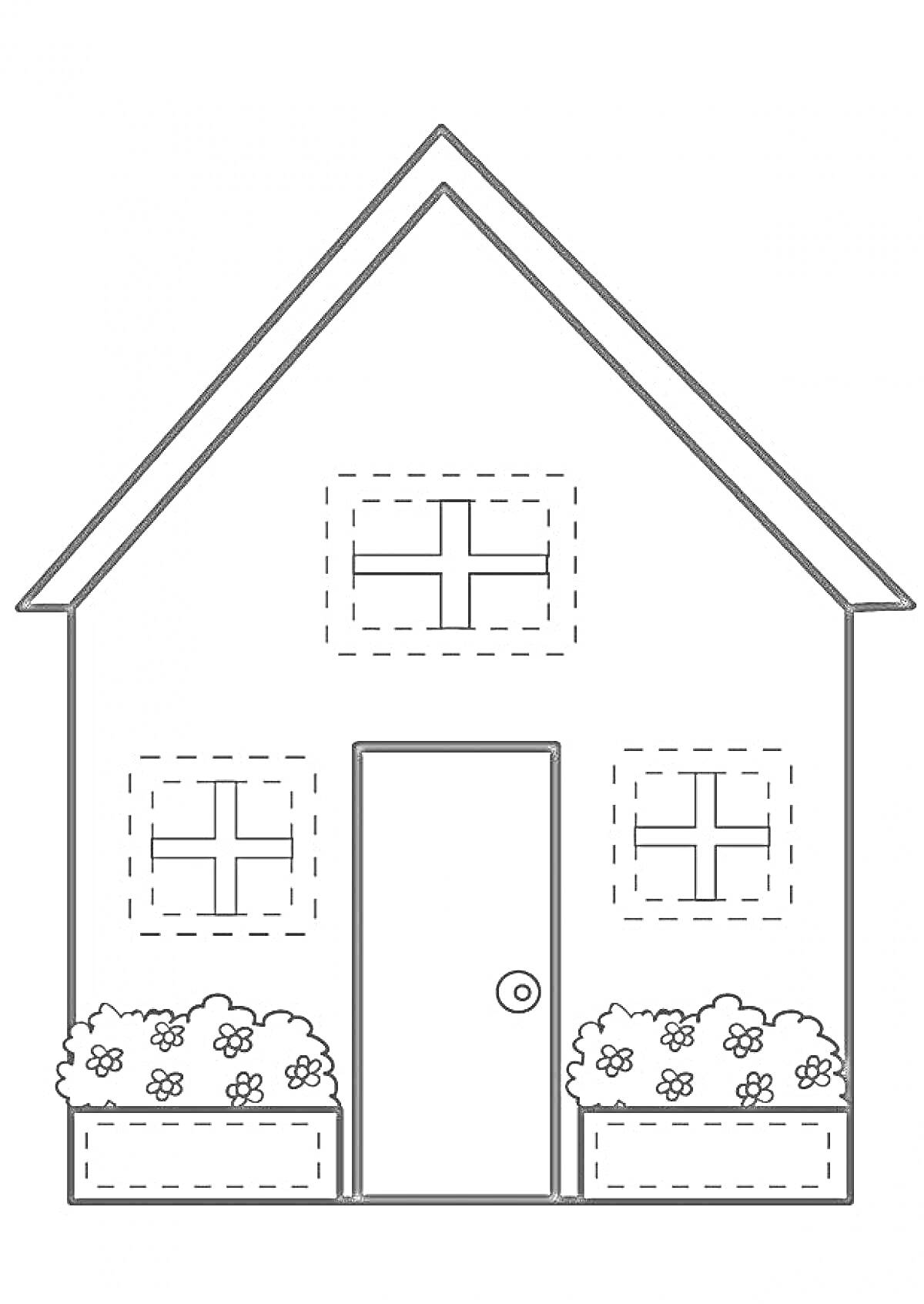 Раскраска Домик с тремя окнами, дверью и клумбами