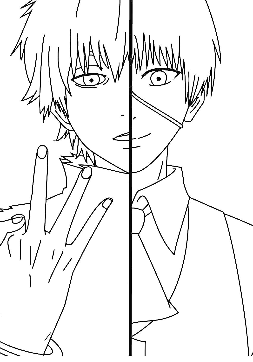 Раздвоение личности героя аниме Токийский гуль - портрет с разными выражениями лица и жестом руки.