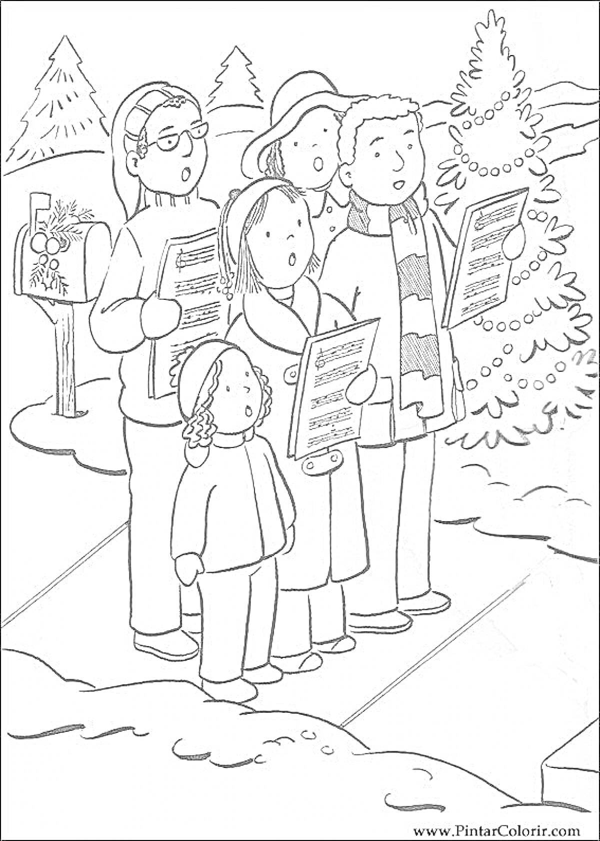 Раскраска Дети поют колядки возле почтового ящика с открытками перед рождественской ёлкой