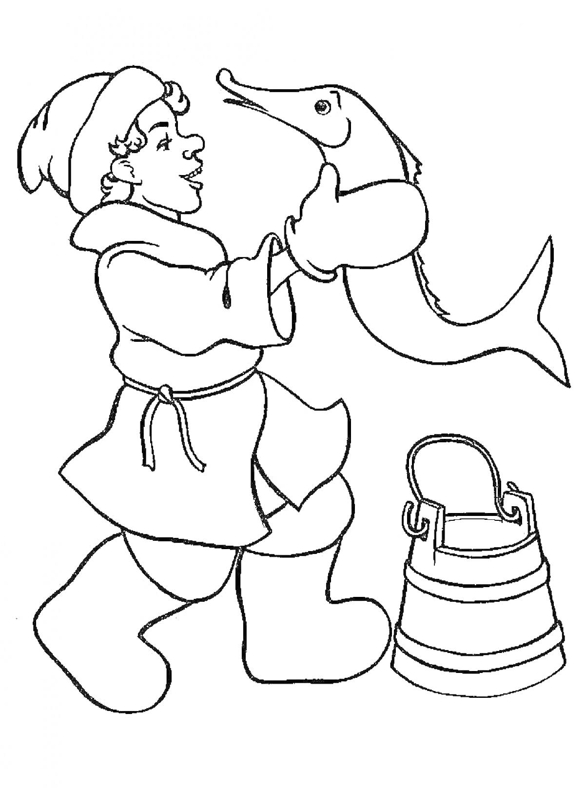 На раскраске изображено: Мальчик, Зимняя одежда, Шапка, Рыба, Щука, По щучьему велению