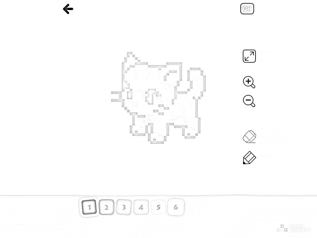 Пиксельная раскраска котёнка, с фоновыми элементами управления и палитрой цветов