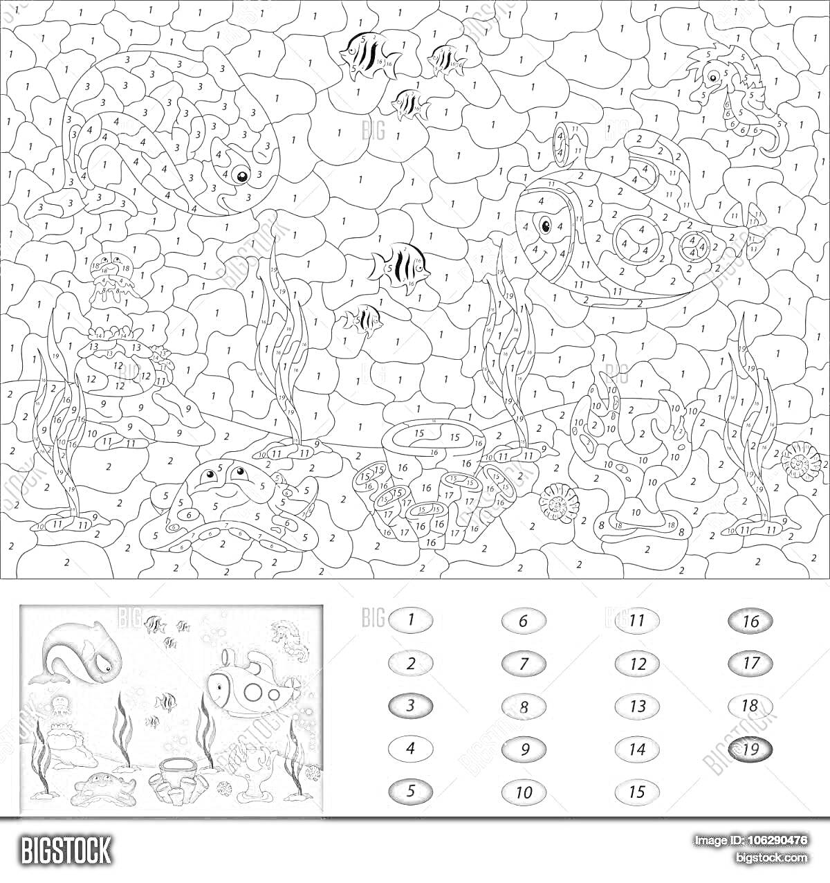 Раскраска Раскраска по номерам с подводным миром, изображающим рыбу, водоросли, кораллы и морское дно