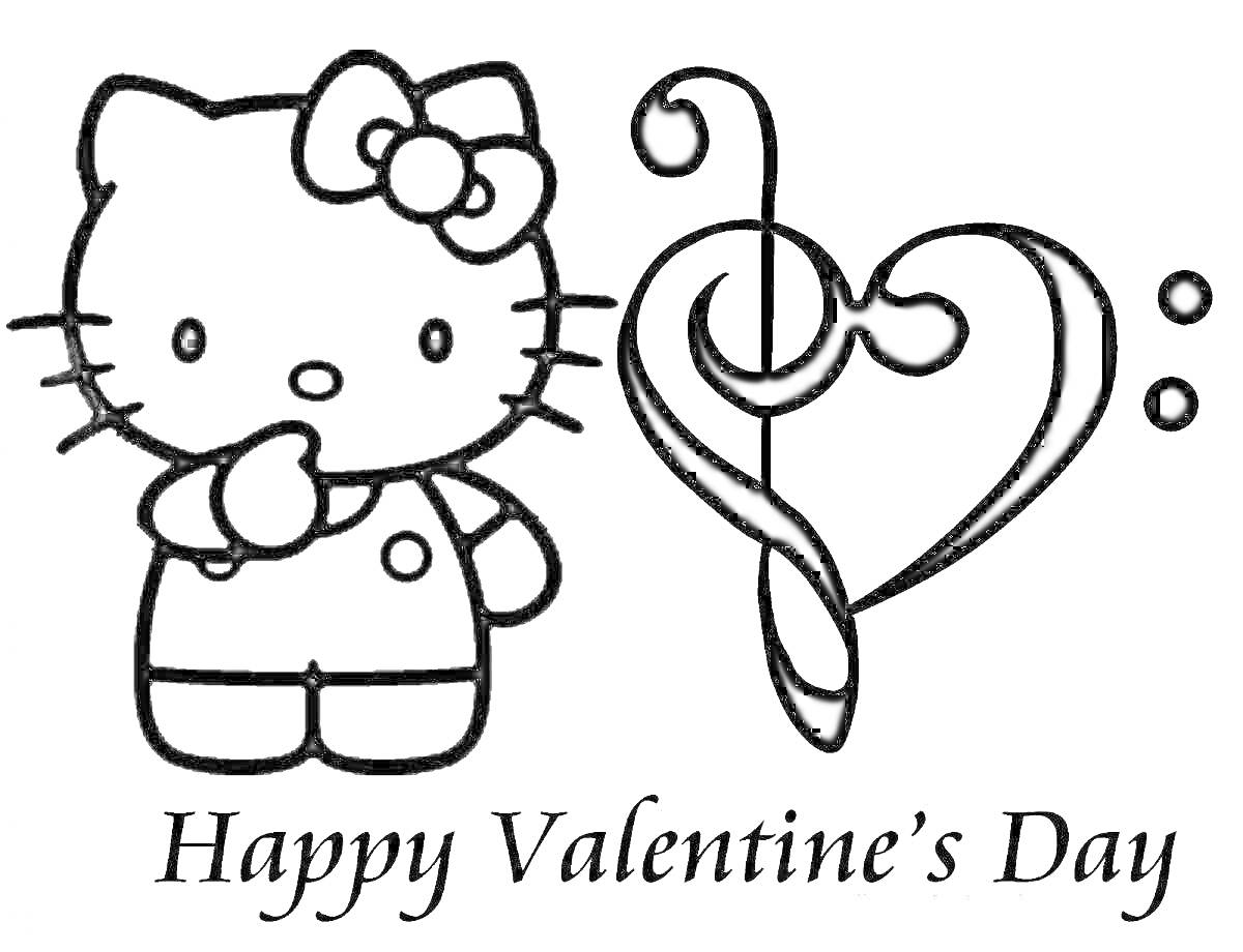 Раскраска Hello Kitty с бантиком, символ сердца-ноты и текстом 