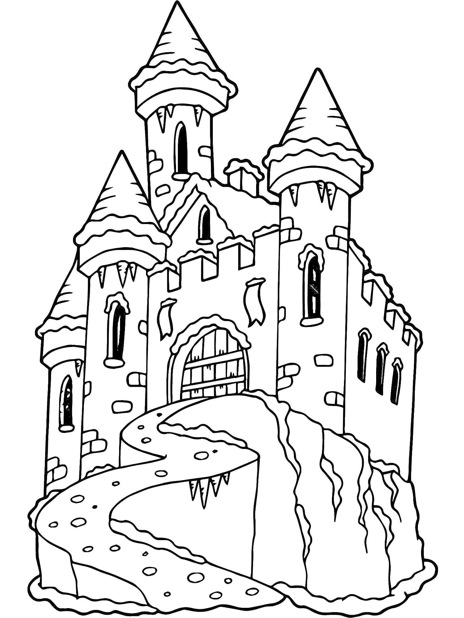 На раскраске изображено: Замок, Башни, Ворота, Путь, Средневековье, Архитектура, Для детей, Скалы