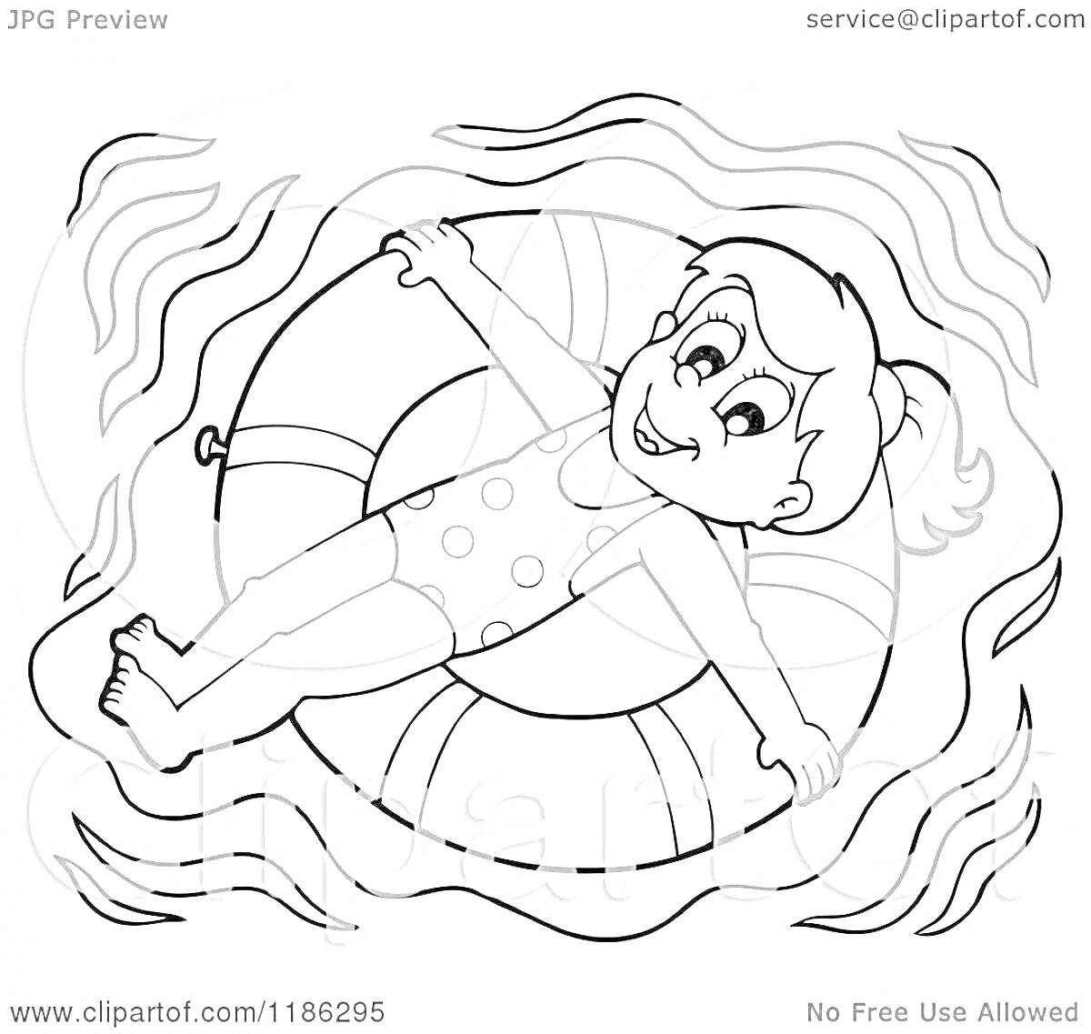 На раскраске изображено: Девочка, Бассейн, Плавательный круг, Вода, Плавание, Радость, Лето, Отдых, Безопасность
