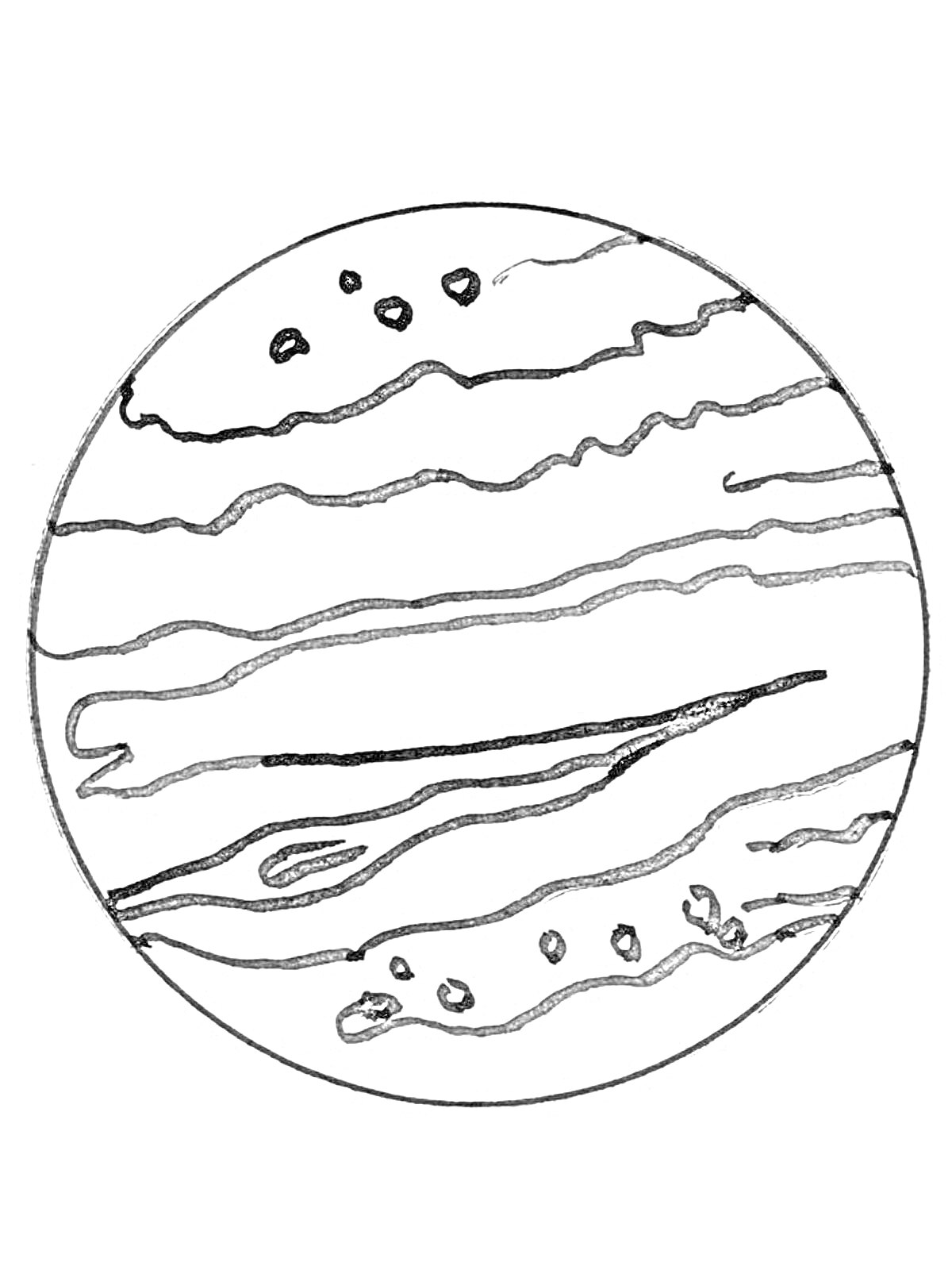На раскраске изображено: Юпитер, Космос, Кратеры, Полосы, Планеты