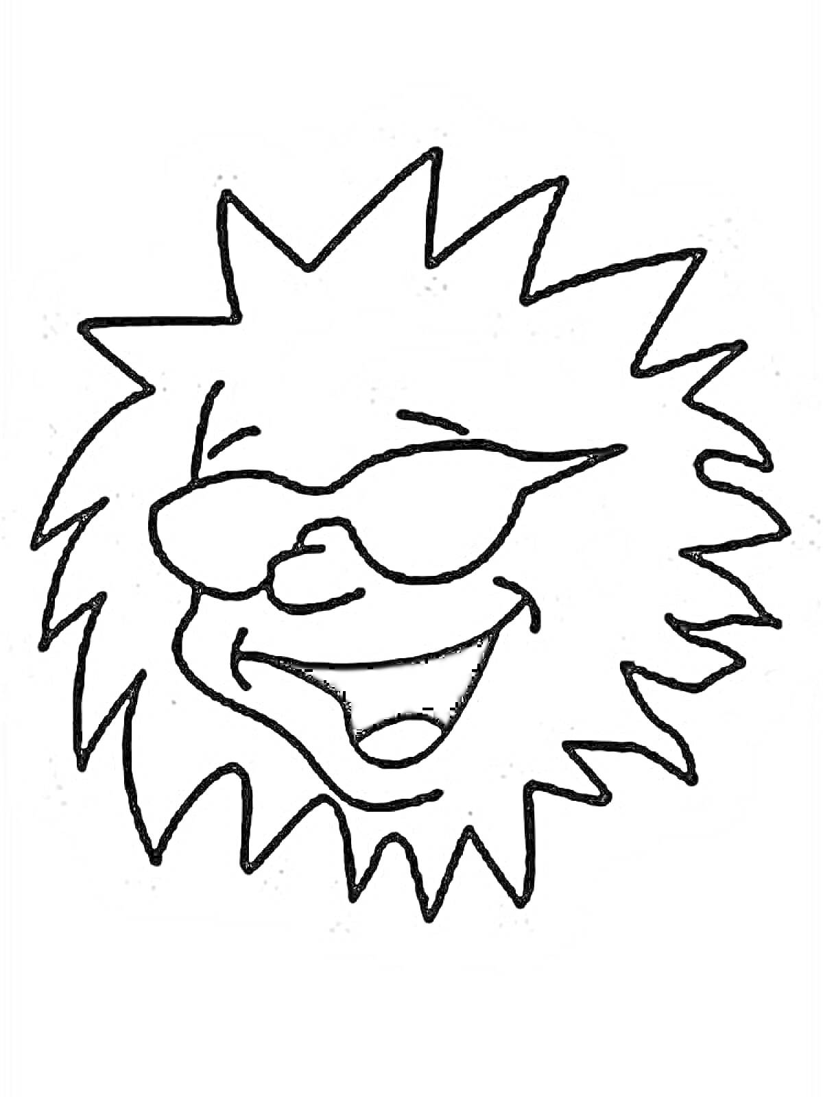 Раскраска Солнышко с солнцезащитными очками и широкой улыбкой
