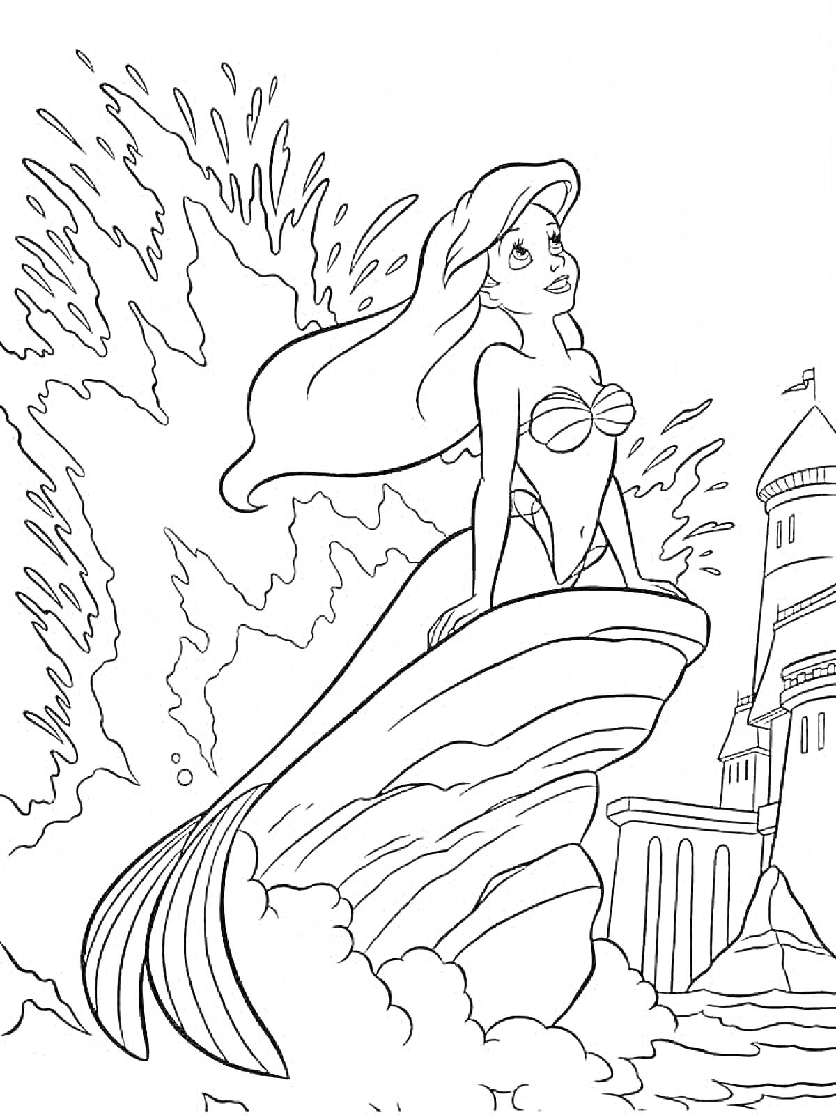 Раскраска Русалочка на морской скале с замком на фоне и плещущимися волнами