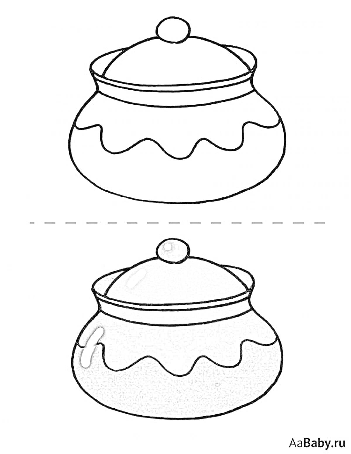 На раскраске изображено: Посуда, Крышка, Волнистый узор, Для детей