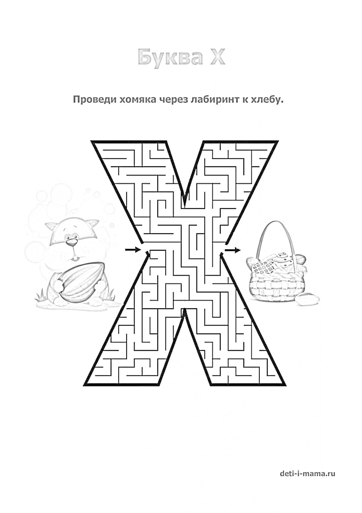 На раскраске изображено: Буква Х, Лабиринт, Хомяк, Хлеб, Учеба, 1 класс, Русский алфавит