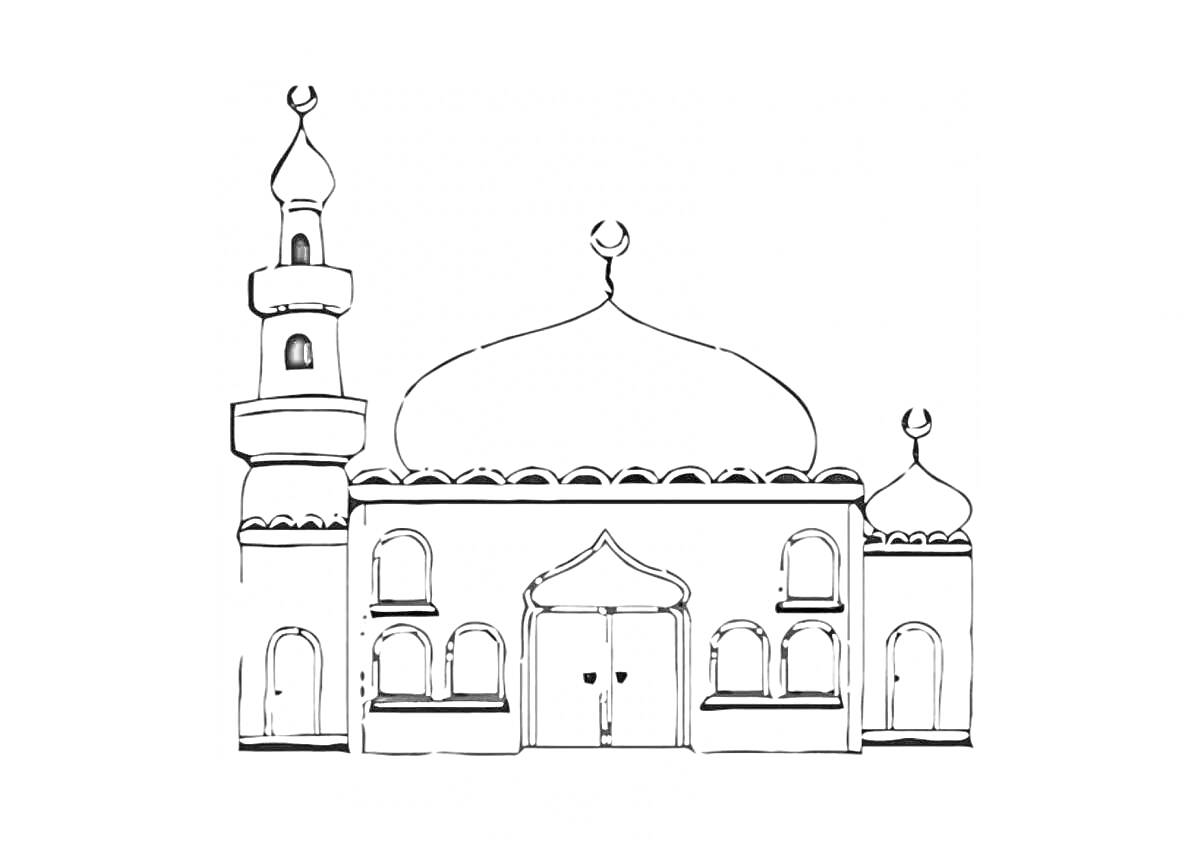 На раскраске изображено: Мечеть, Минарет, Купола, Архитектура, Религия, Ислам, Здание, Окна