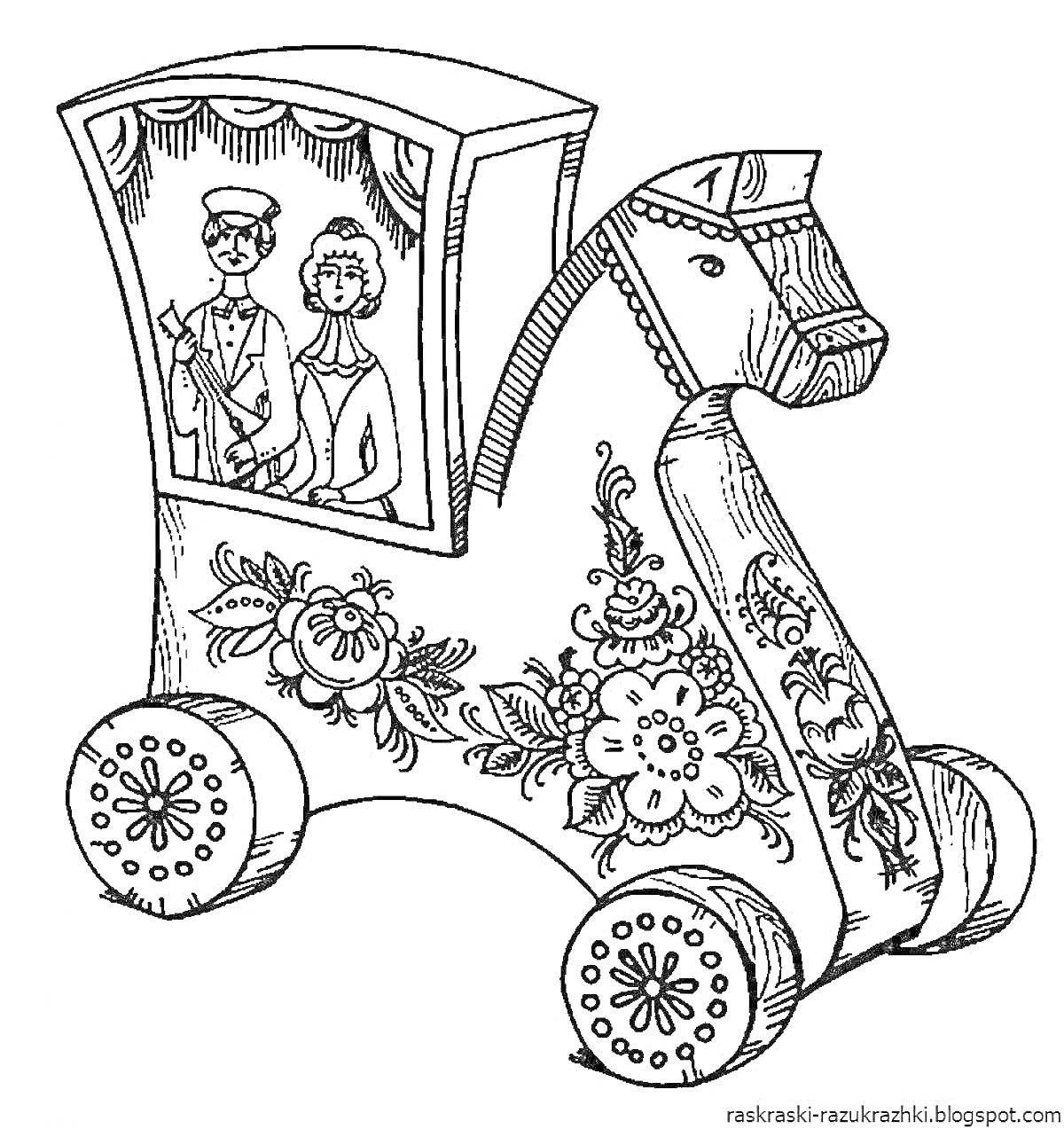 Раскраска Городецкий конь с украшением цветов и помещенными внутри фигурками людей в окошке