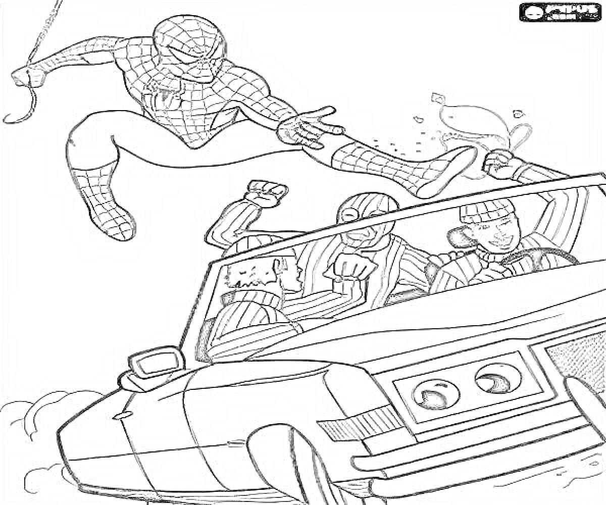 На раскраске изображено: Человек-Паук, Комиксы, Приключения, Машины, Супергерои
