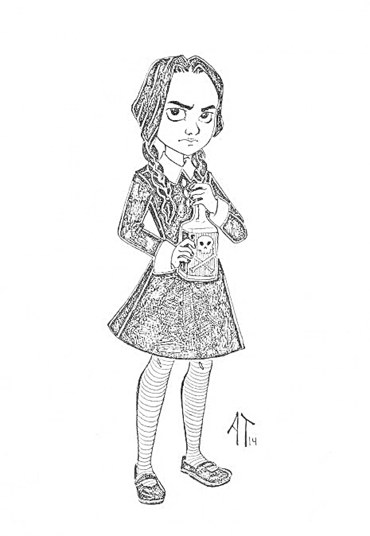Раскраска Девочка в школьной форме с бутылкой с этикеткой черепа