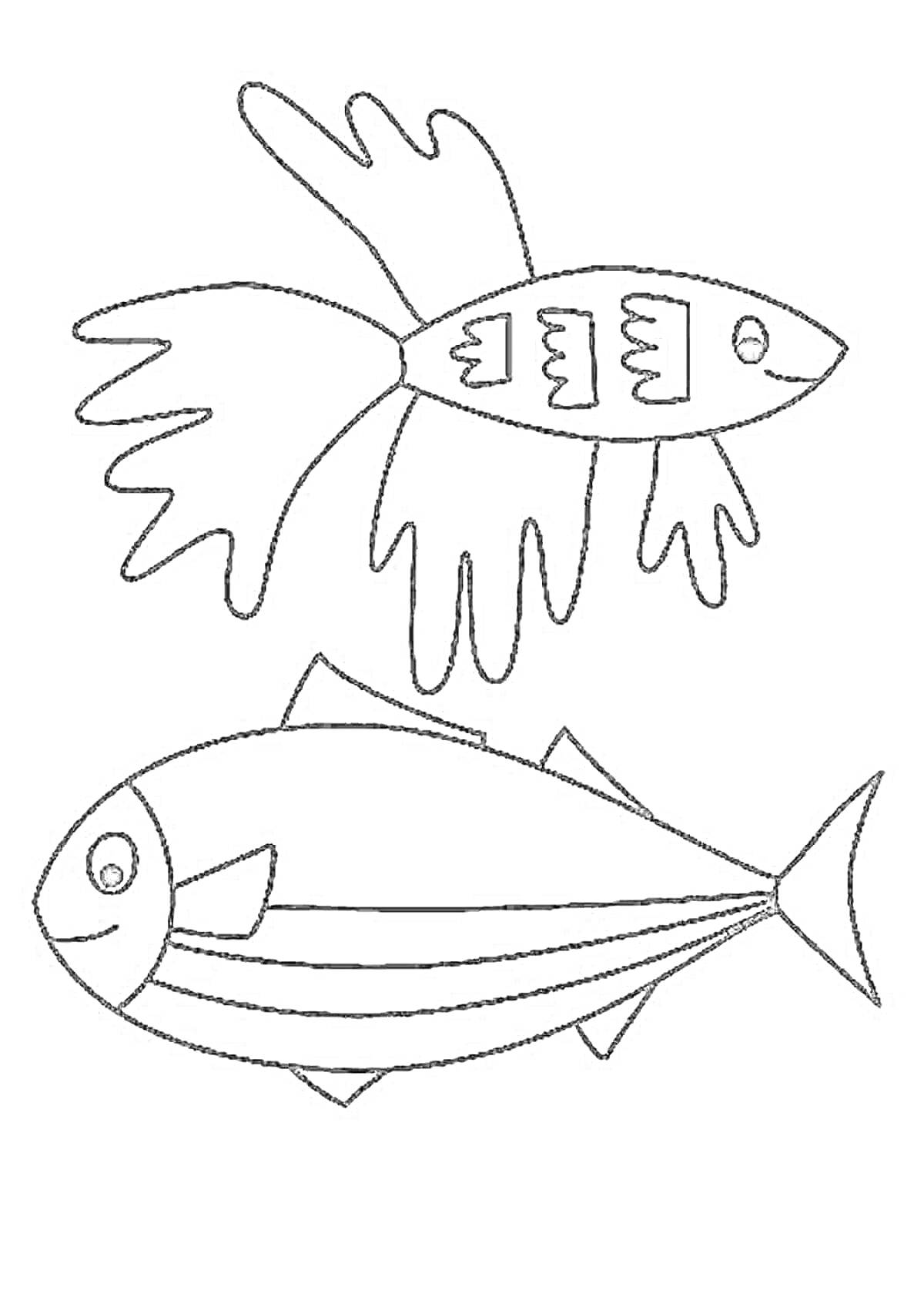 Раскраска две рыбы, одна рыба тунец, другая рыба другой вид, плавники, рот, глаза, полосы