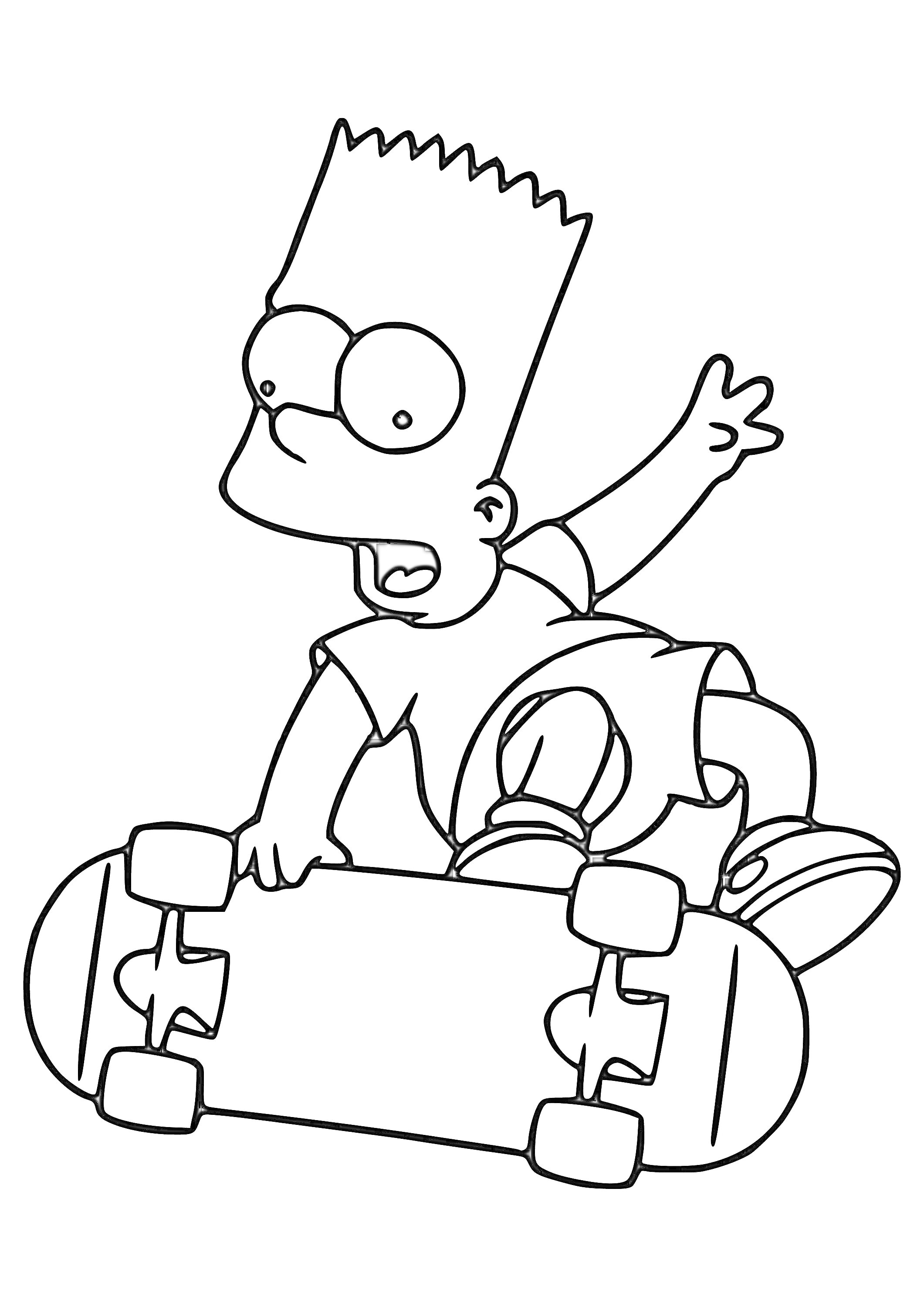 Раскраска мальчик с короткими волосами и большими глазами на скейтборде