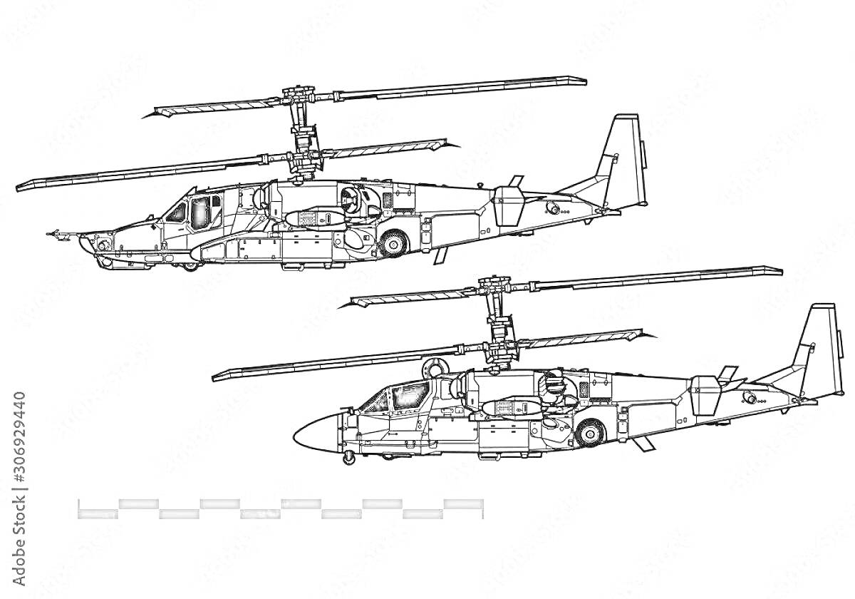 Вертолет Ka-52 в двух проекциях с детализацией всех элементов