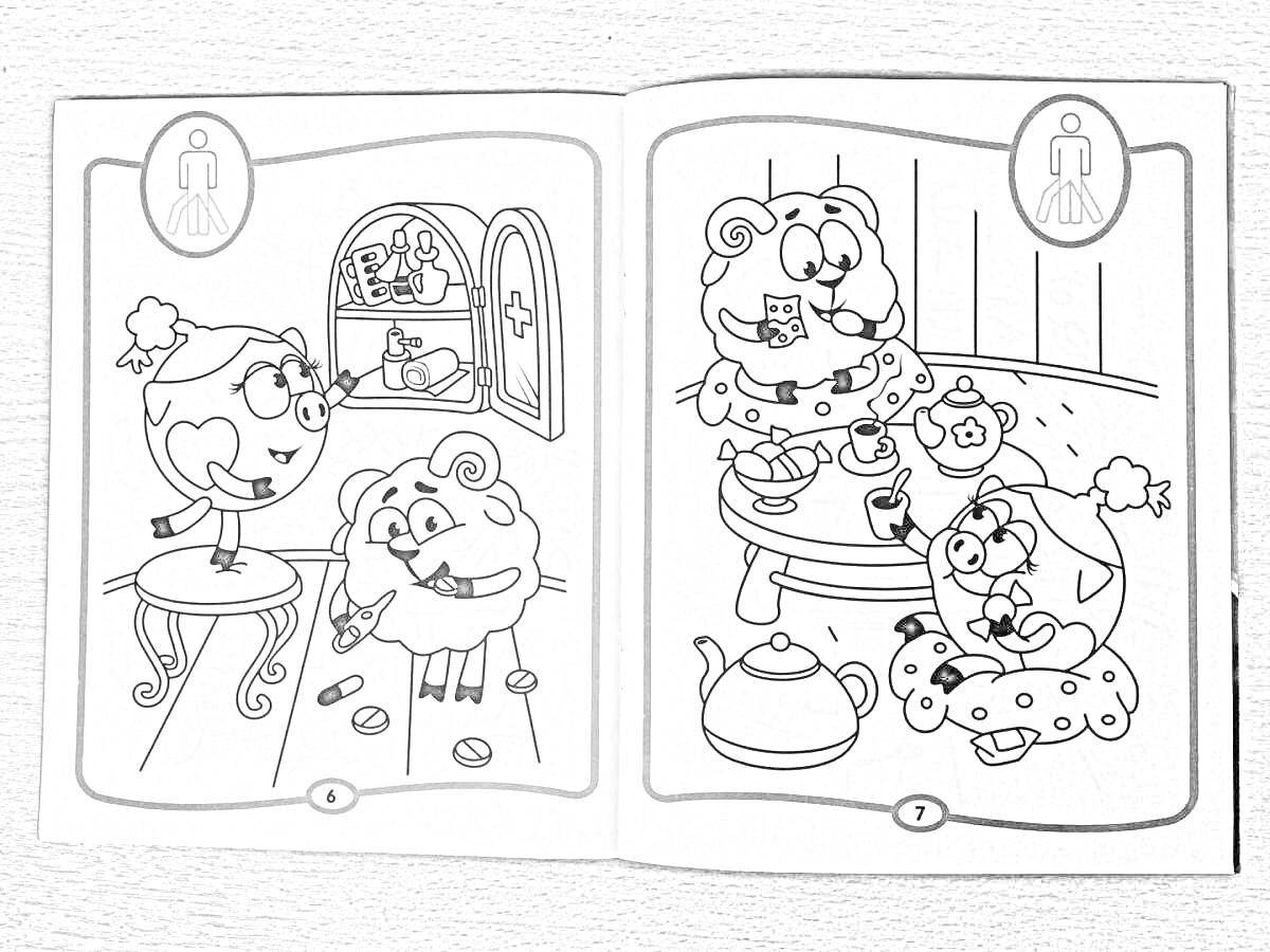 Раскраска Напольная раскраска с изображением персонажей на кухне, среди предметов - чайники, столы, печенье и булочки