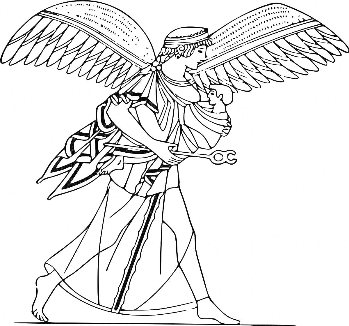 Раскраска Древнегреческий бог с крыльями, шлемом и кадуцеем