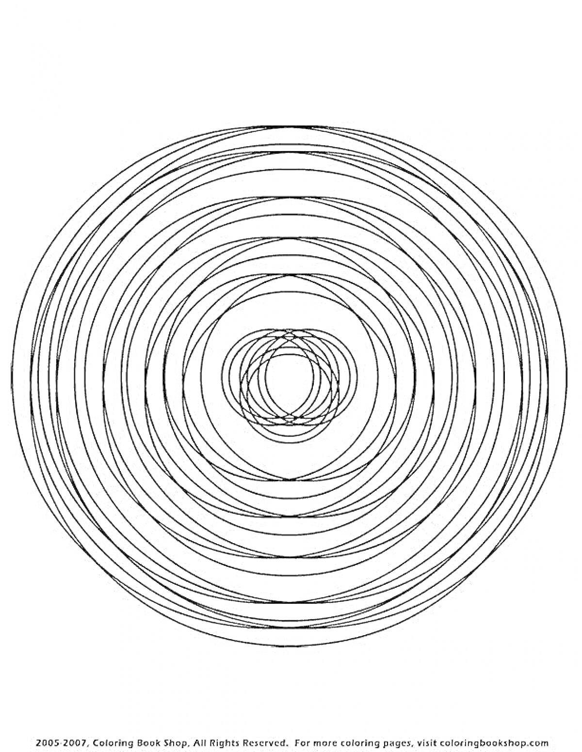 На раскраске изображено: Спираль, Концентрические круги, Паттерн, Арт-терапия, Геометрия