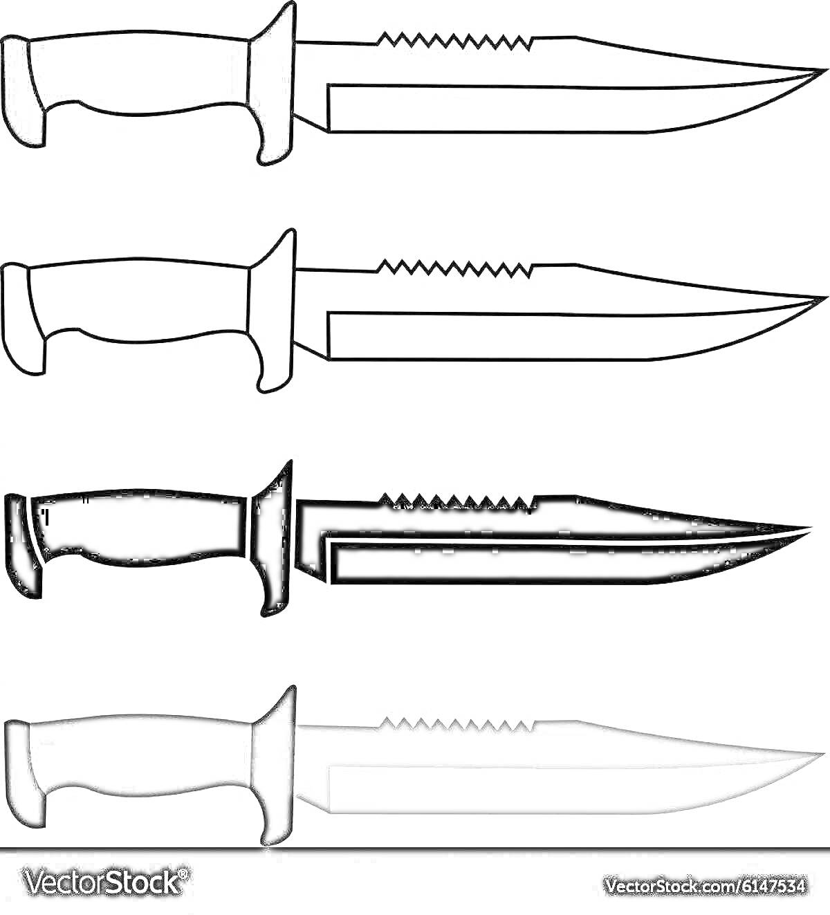 Раскраска Раскраска с изображением четырех тактических ножей с разной окраской рукояти