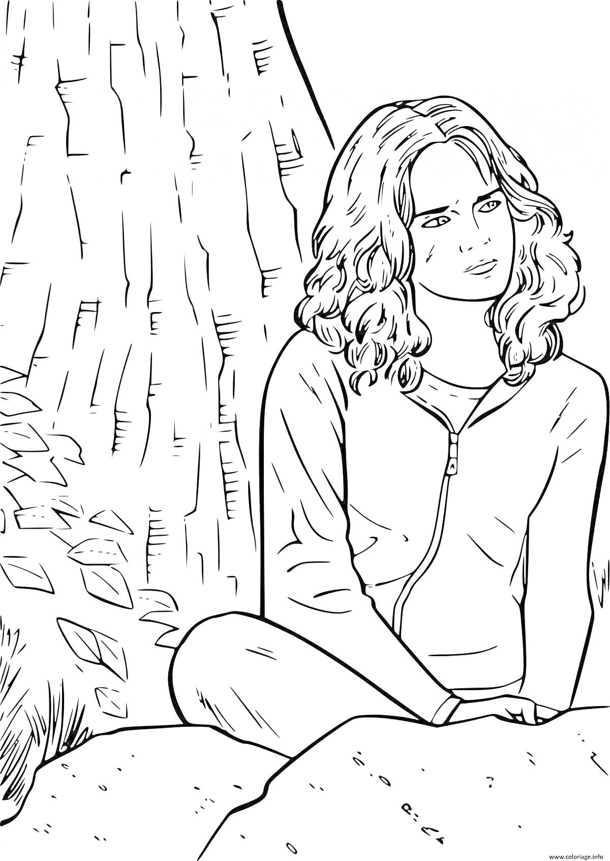 Раскраска Девушка с кудрявыми волосами в толстовке сидит на камне у дерева