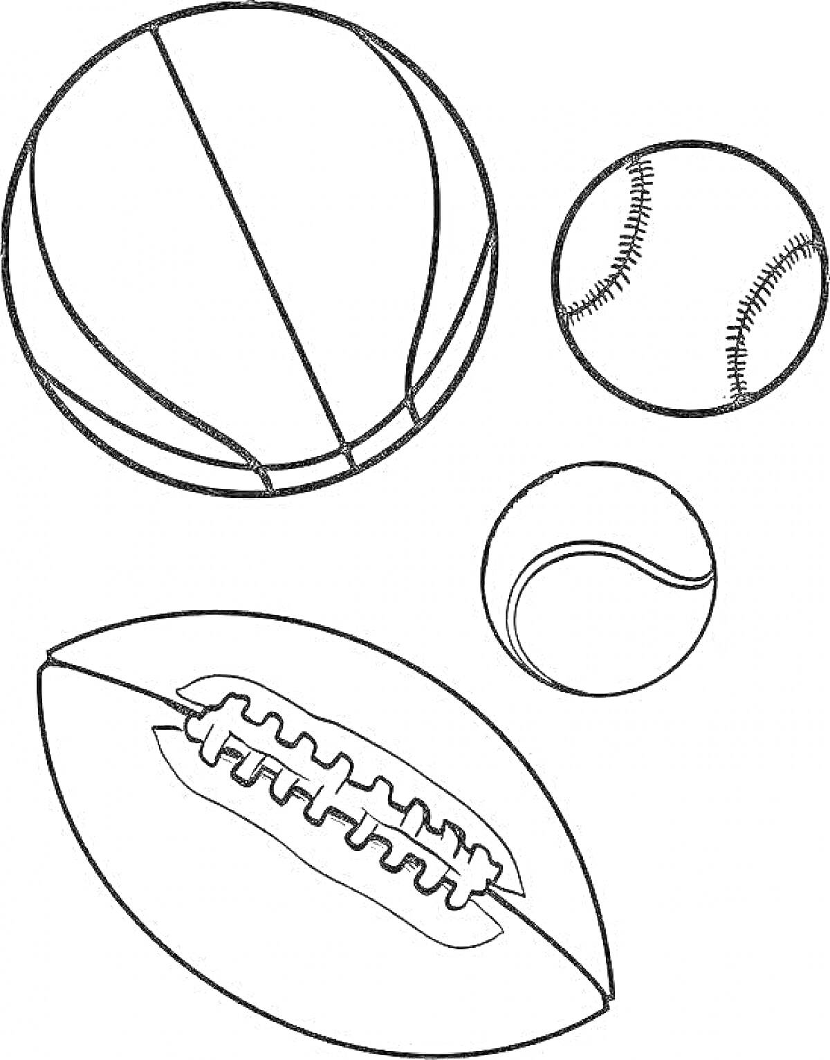 Раскраска Баскетбольный мяч, бейсбольный мяч, теннисный мяч, американский футбольный мяч