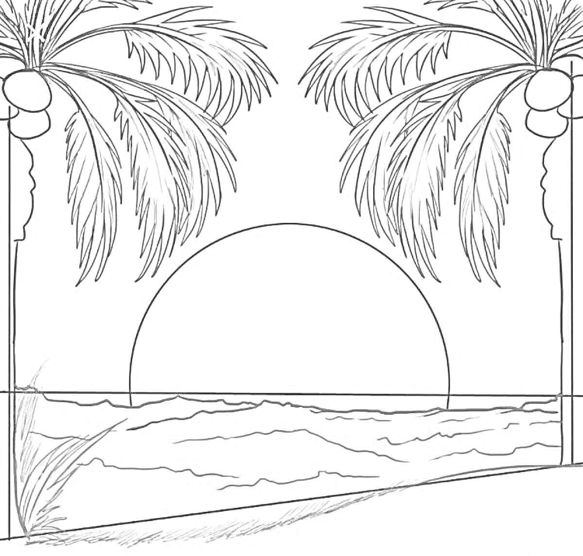 Раскраска Закат с пальмами, солнцем и океаном