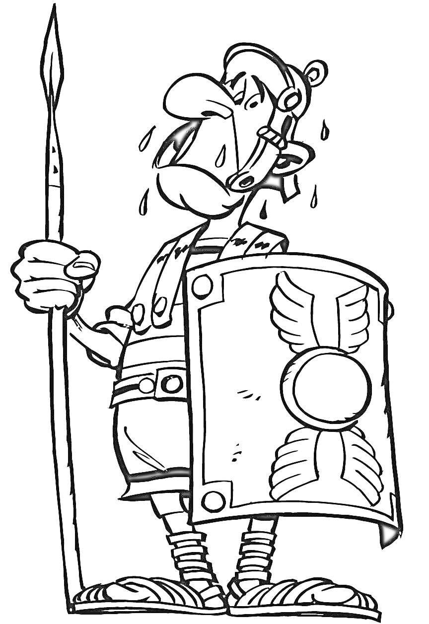Раскраска Римский солдат с копьем и щитом, потеет