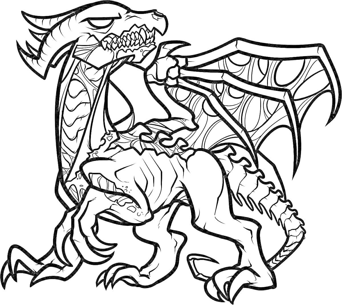 Раскраска Эндер дракон с раскрытыми крыльями и деталями текстуры тела